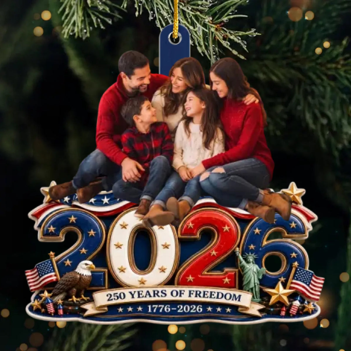 Custom Photo Acrylic Ornament - Personalized America 250th Anniversary Christmas Gifts For Mom, Dad, Brother, Sister - Land Of Free Loved Family